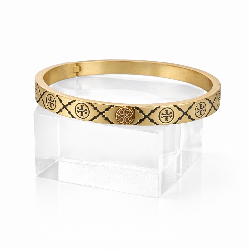Tory Burch Monogram enamel miller stud hinge bracelet in black and gold tone. - Picture 3 of 7